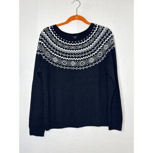 Talbots Fire Isle Nordic Crew Neck Cotton Blend Sweater Black White Size Large